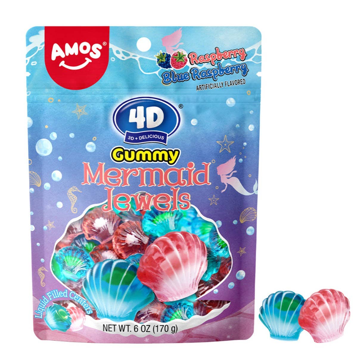 Package of Amos 4D Gummy Mermaid Jewels with colorful gummy candies on a white background
