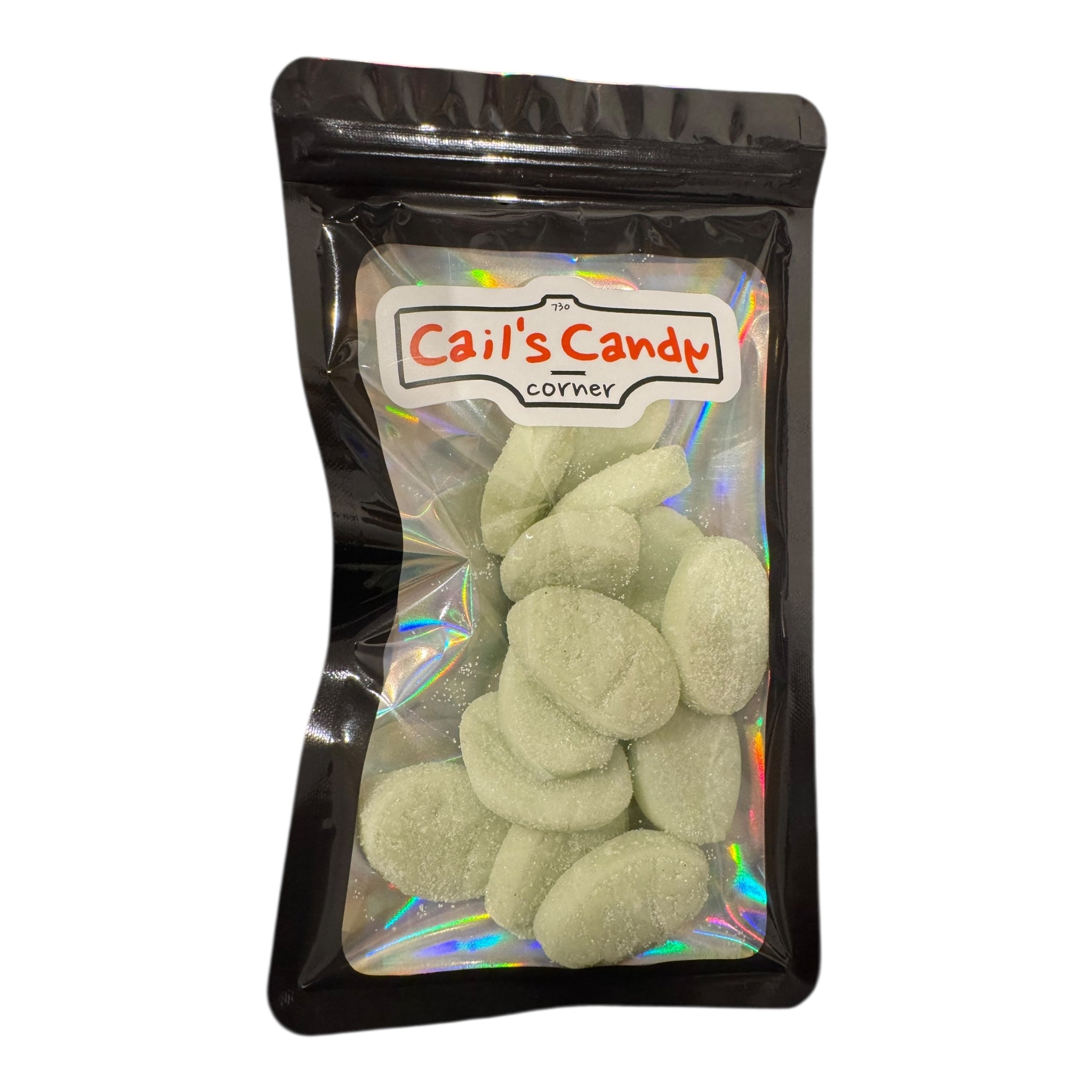 Packaged green candy with 'Cail's Candy Corner' label on a white background
