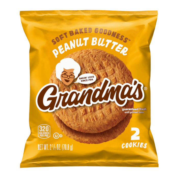 Packaging of Grandma's Peanut Butter cookies with a yellow background