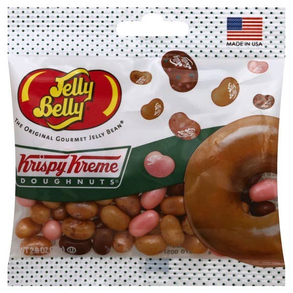 Packaging of Jelly Belly jelly beans with Krispy Kreme Doughnuts branding on a white background.