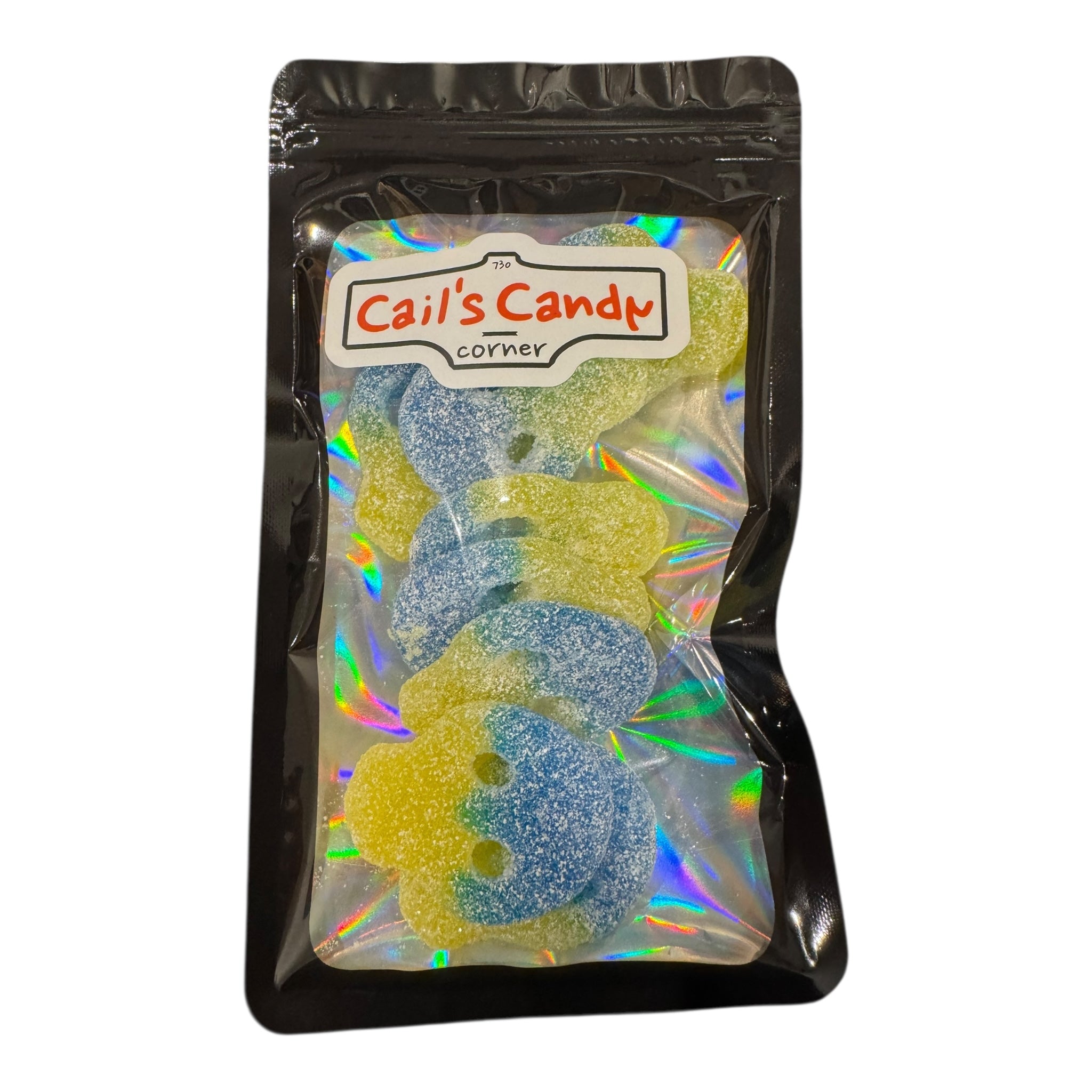 Packaged candy with 'Cail's Candy Corner' label on a white background