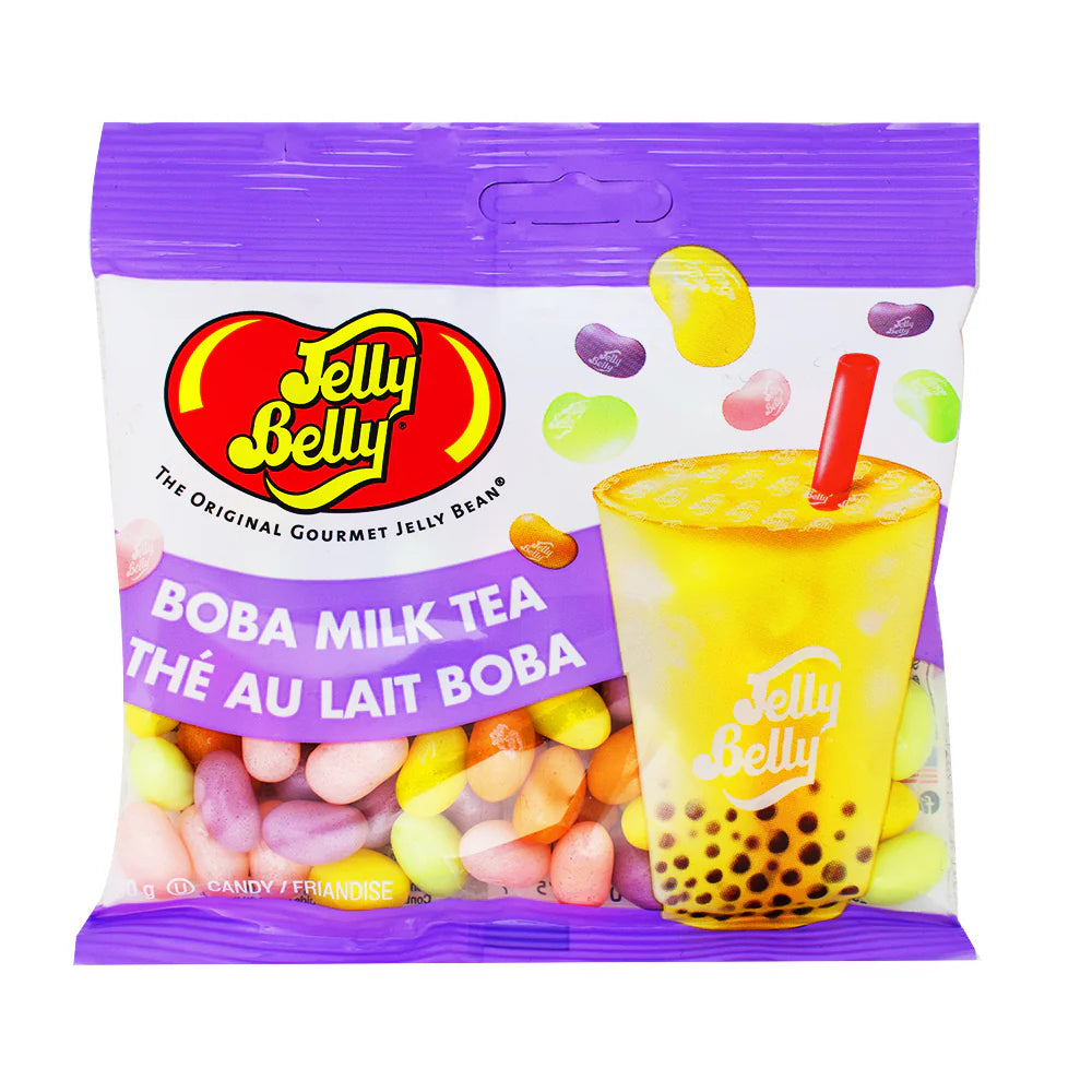 Jelly Belly Boba Milk Tea candy package with colorful jelly beans and a drink illustration on a white background.