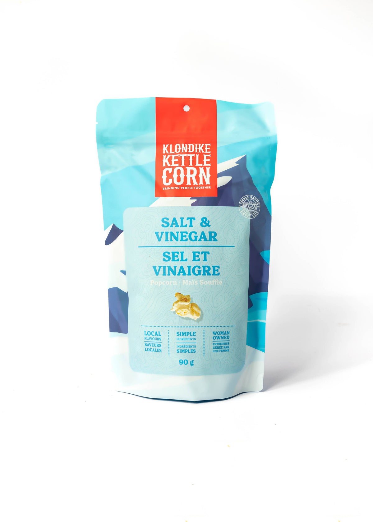 Klondike Kettle Corn salt and vinegar flavor packaging on a white background
