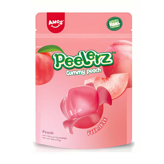 Pink package of Amos PeelErz Gummy Peach on a white background