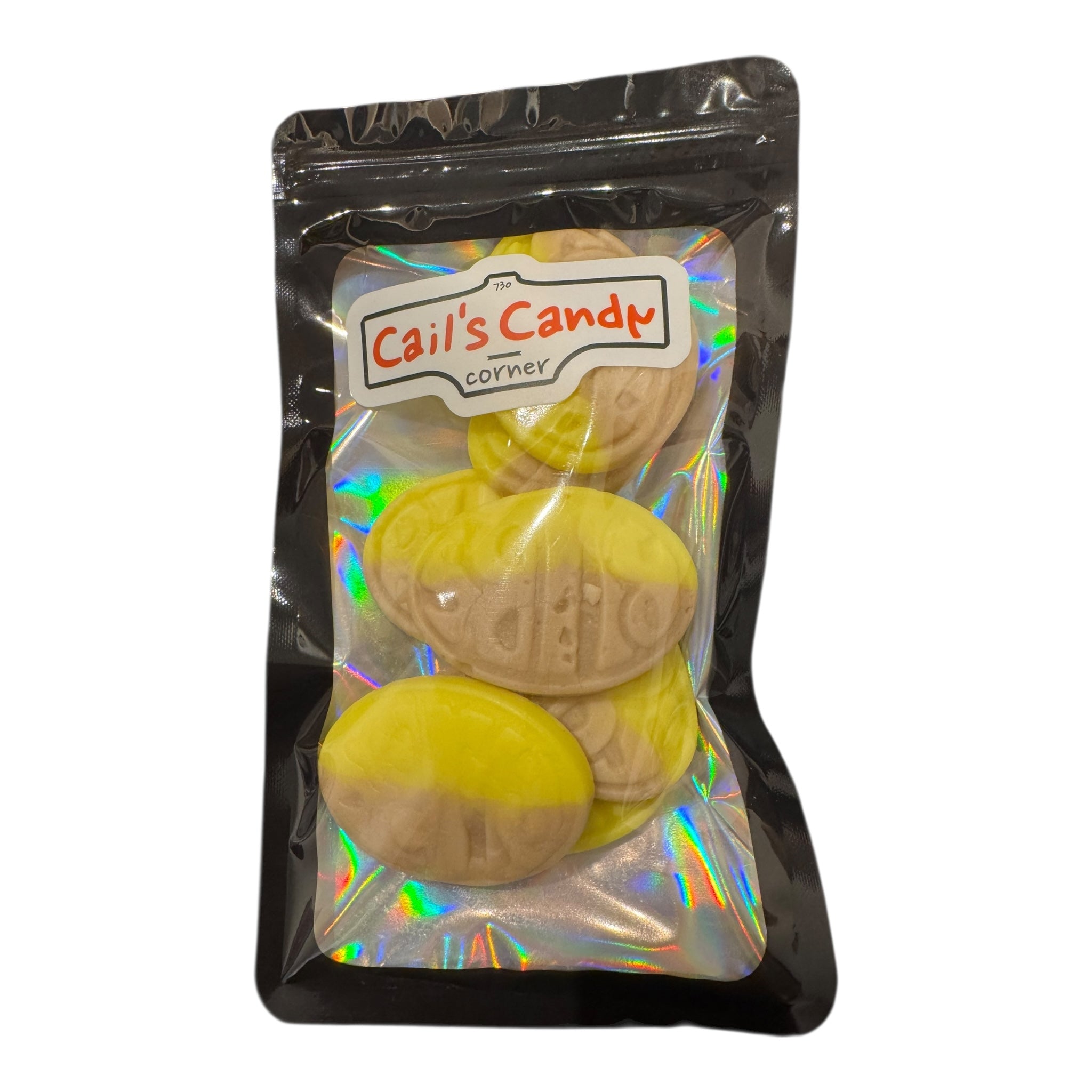 Packaged candies with 'Cail's Candy Corner' label on a white background