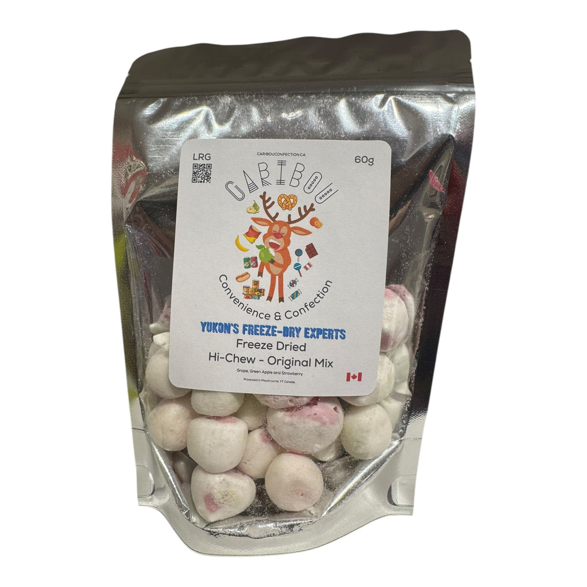 Packaged snack with a visible label on a white background