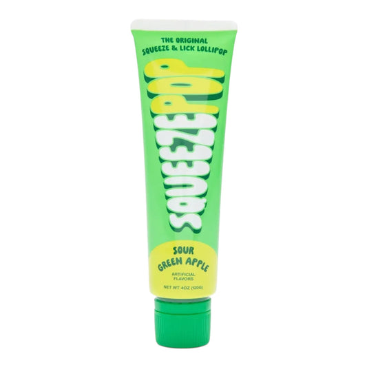 Green tube of 'Squeeze & Lick' sour green apple lollipop on a white background