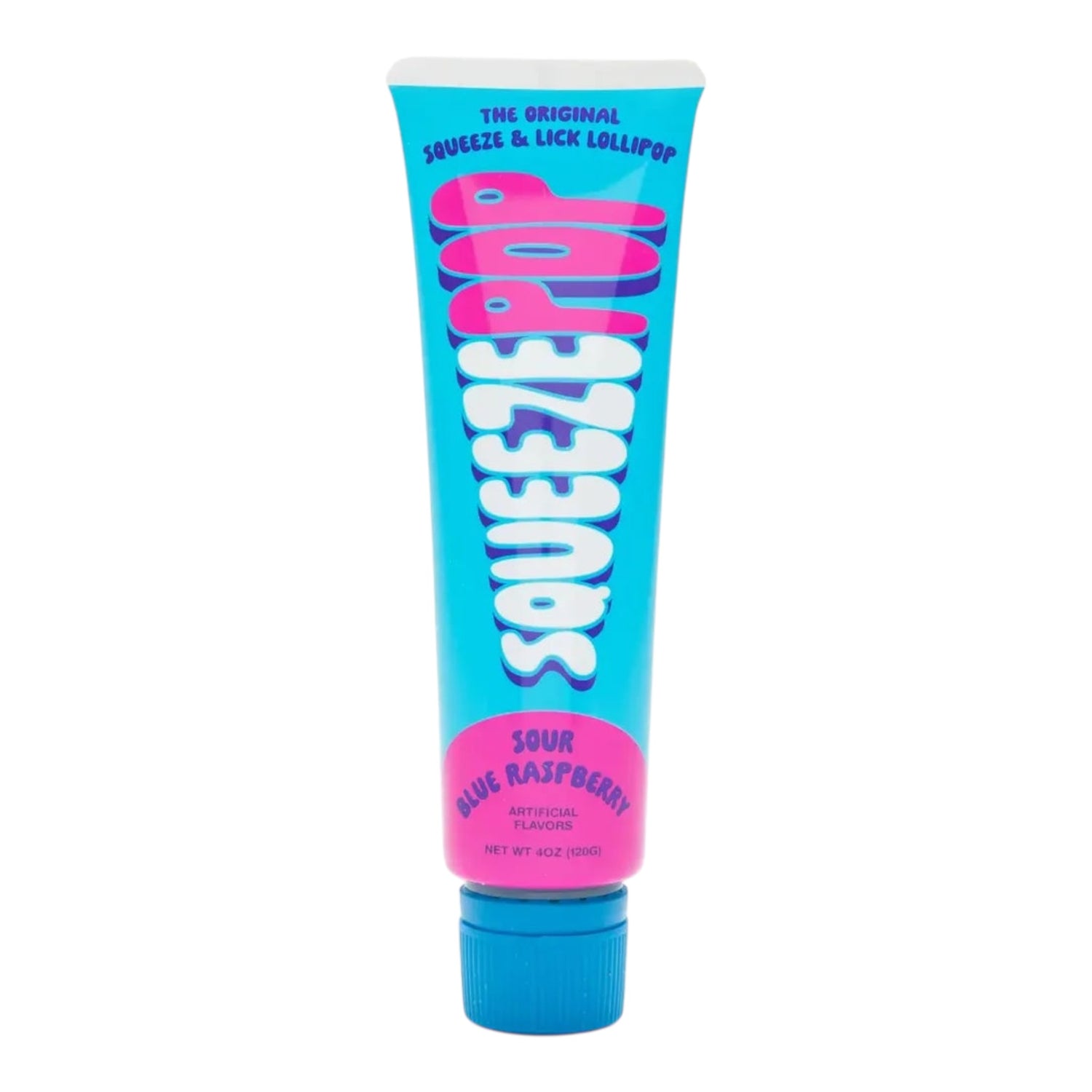 Squeeze Pop tube with blue and pink design on a white background