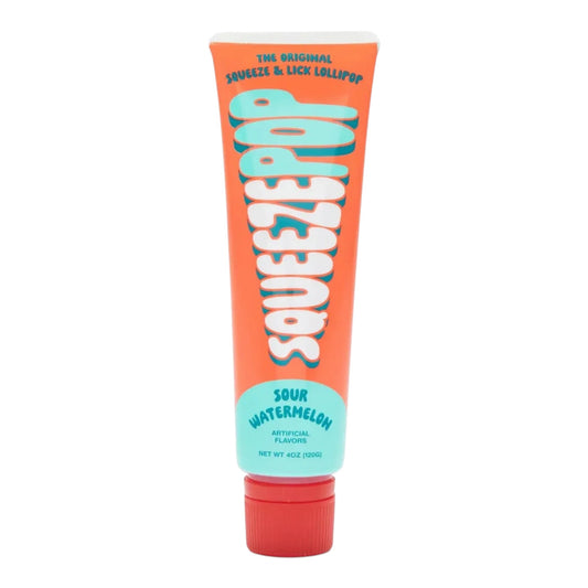 Squeeze Pop tube with orange and teal design on a white background