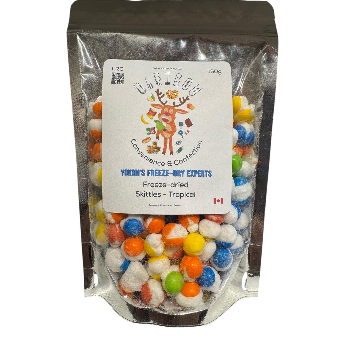 Packaged freeze-dried Skittles in a clear bag with a visible brand label on a white background
