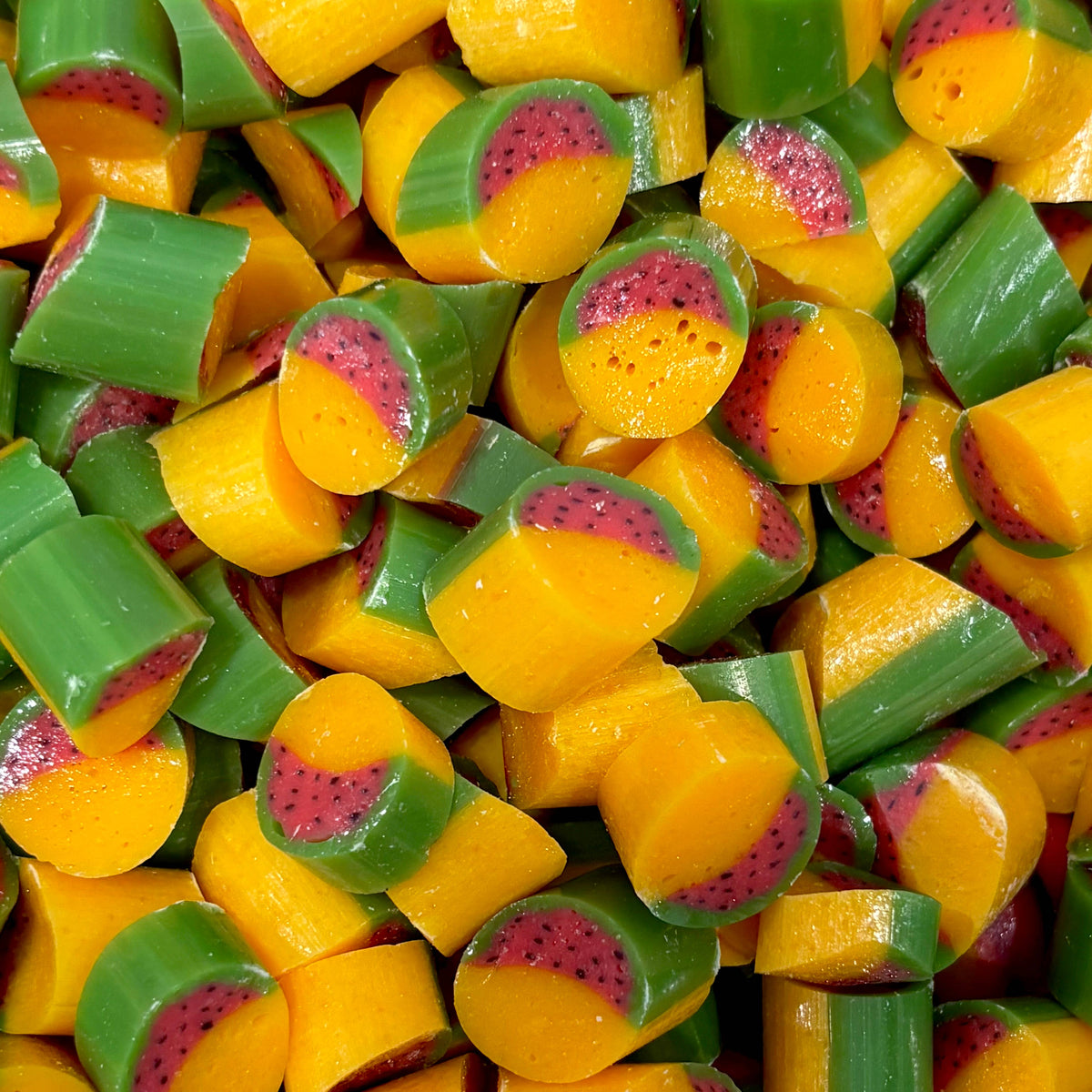 Close-up of colorful watermelon-shaped gummy candies.