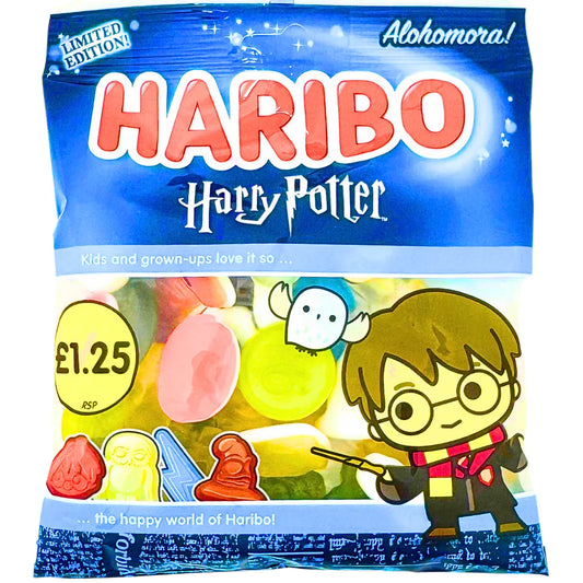 Haribo Harry Potter candy package with cartoon characters and colorful candies.